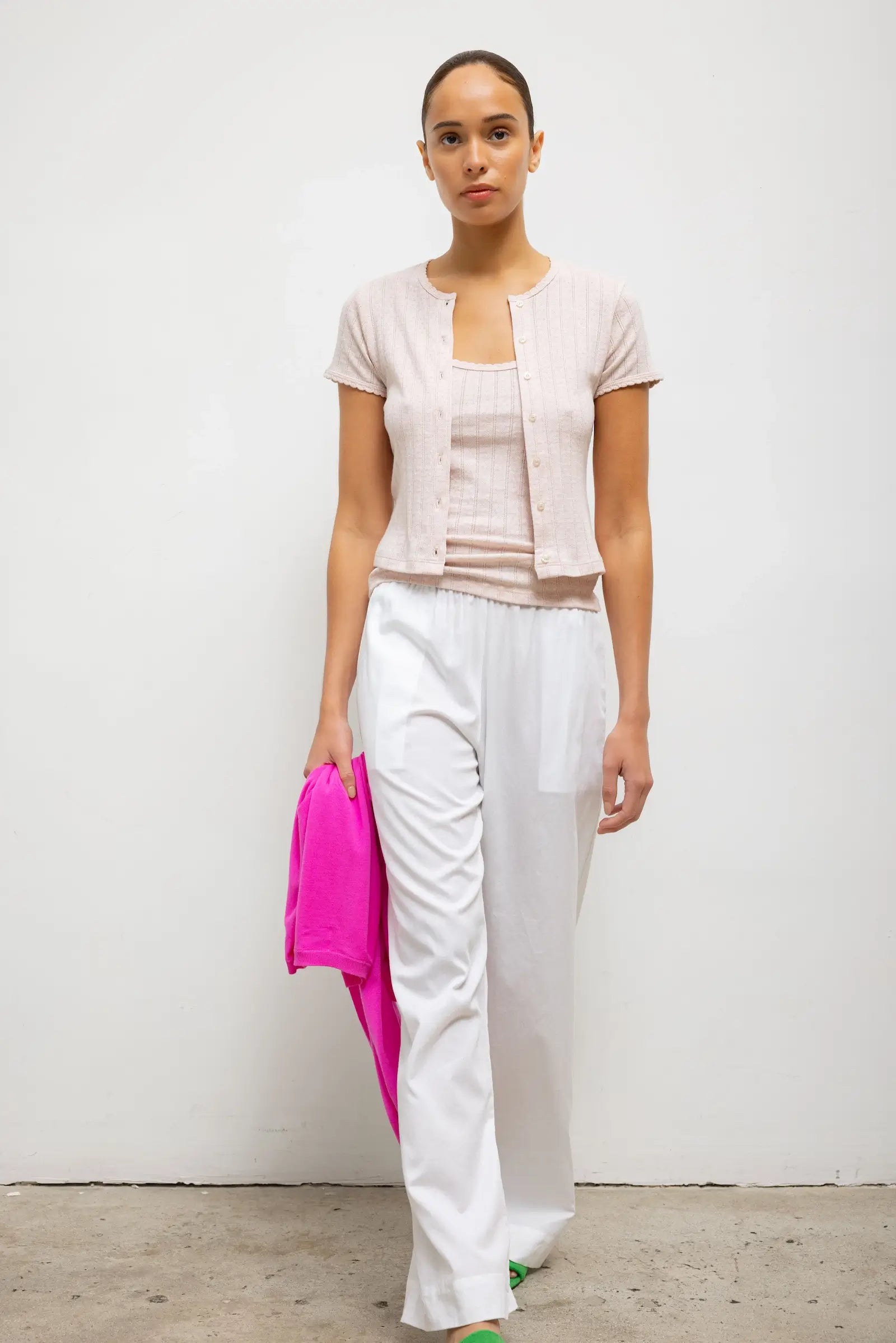 POINTELLE SHORT SLEEVE CARDIGAN - PETAL MELANGE