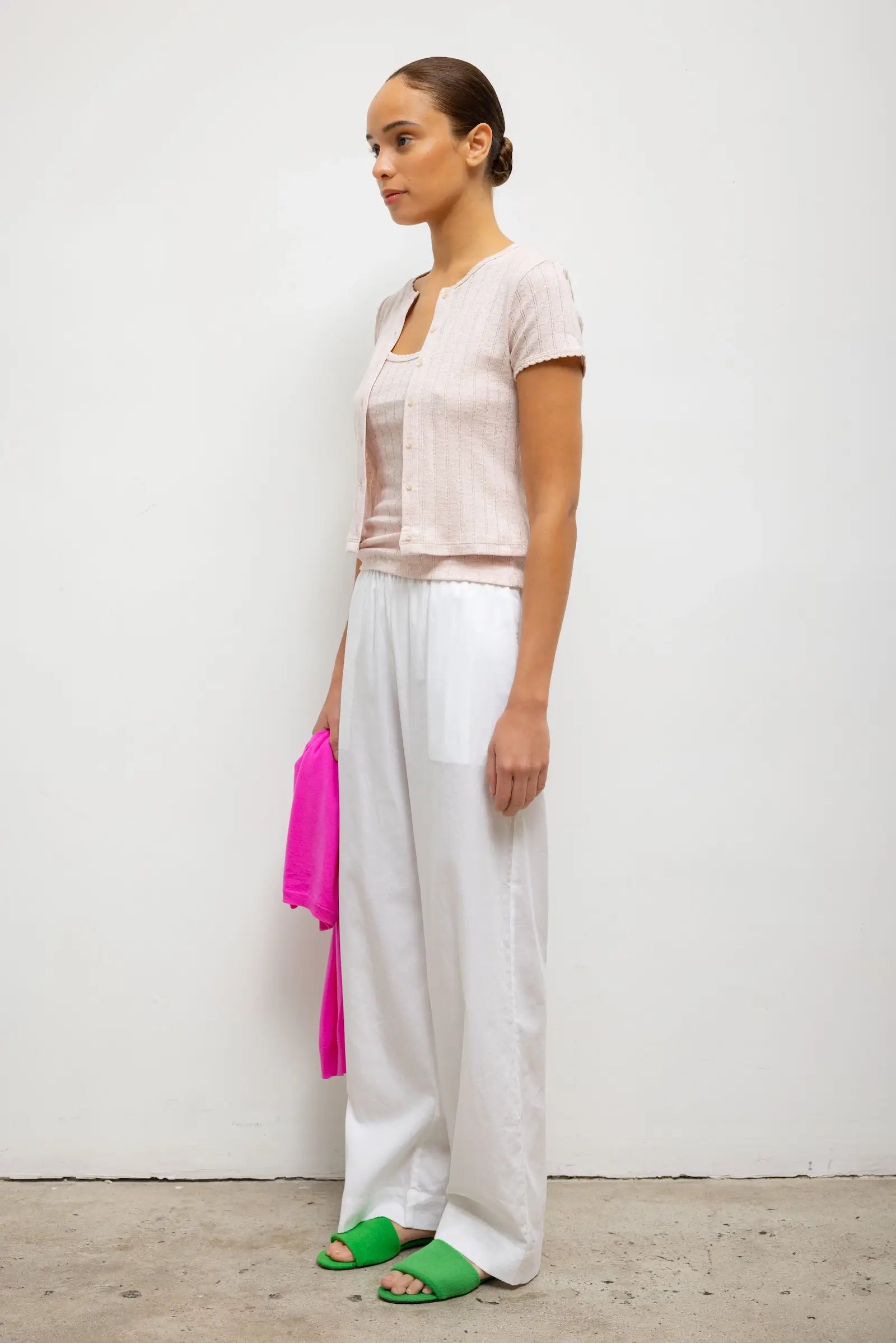 POINTELLE SHORT SLEEVE CARDIGAN - PETAL MELANGE