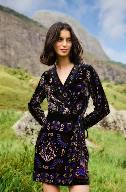 ARABESQUE MIX SCARVES BLACK WRAP MINI DRESS