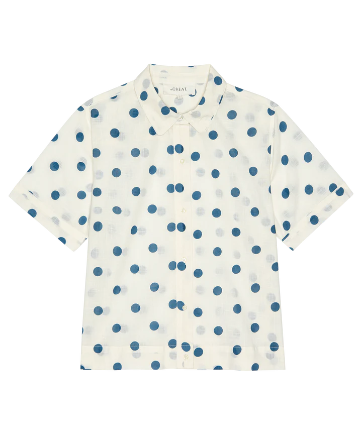 THE MESSENGER TOP - CREAM W/ BLUE POLKA DOTS