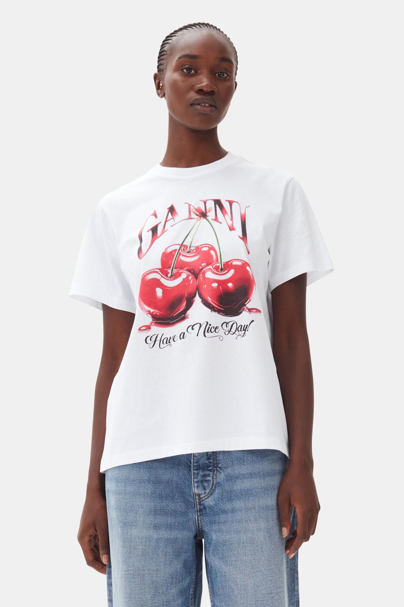 WHITE BASIC JERSEY CHERRY RELAXED T-SHIRT
