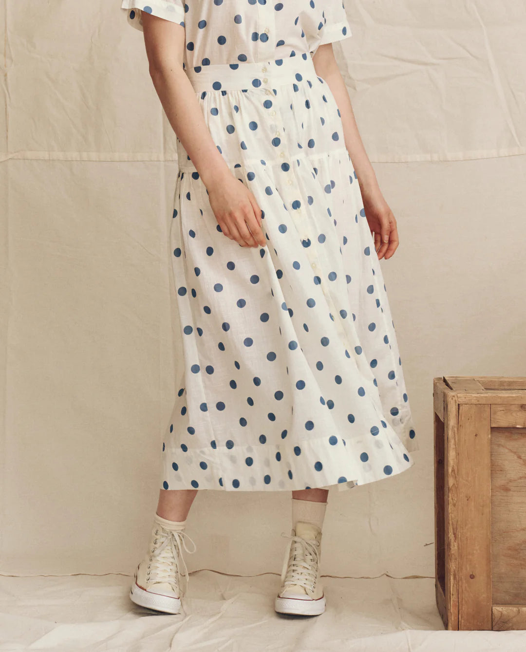 THE HIGHLAND SKIRT - CREAM W/ BLUE POLKA DOTS
