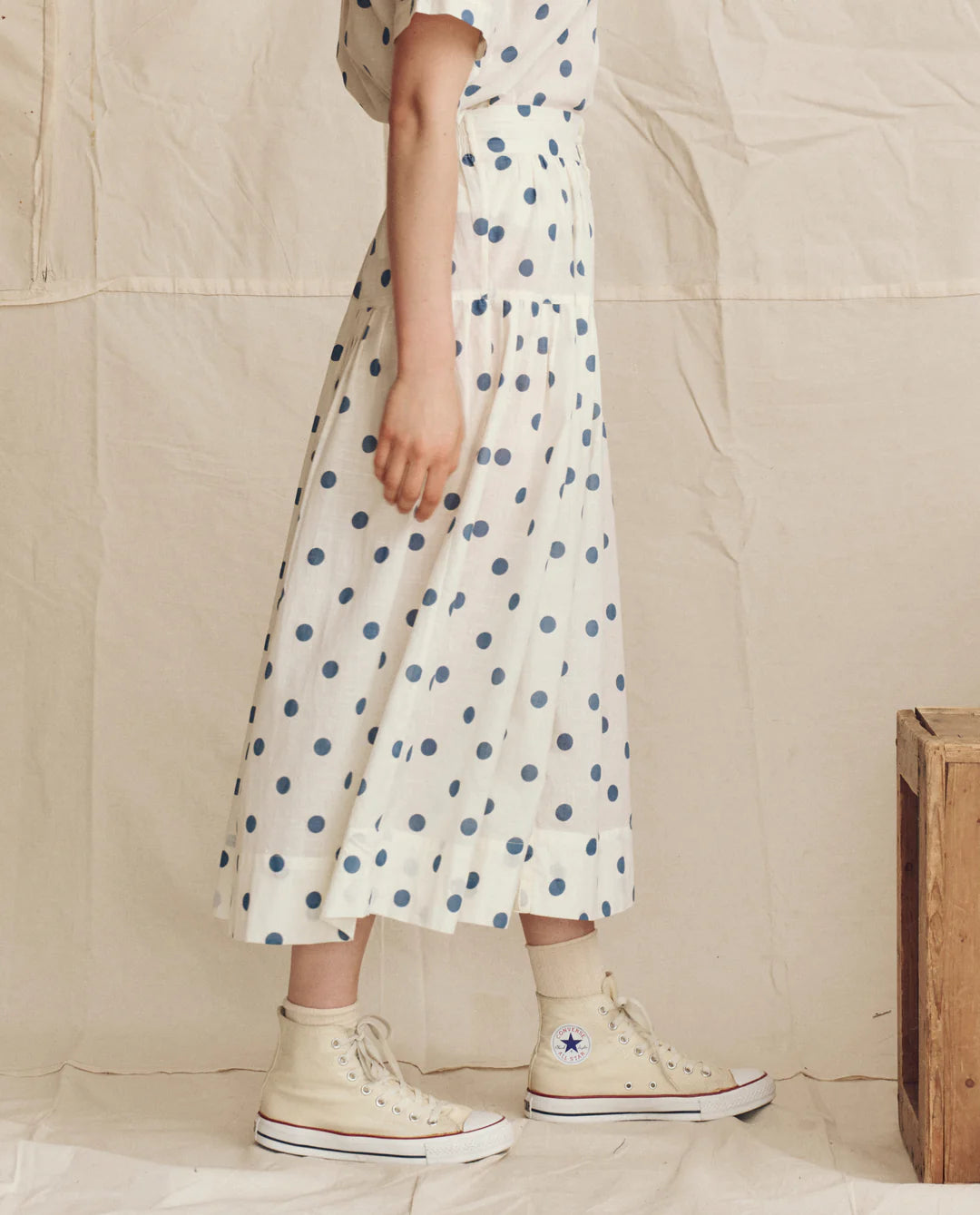 THE HIGHLAND SKIRT - CREAM W/ BLUE POLKA DOTS