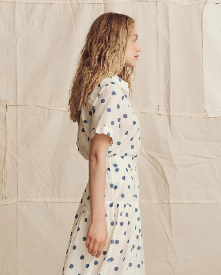 THE MESSENGER TOP - CREAM W/ BLUE POLKA DOTS