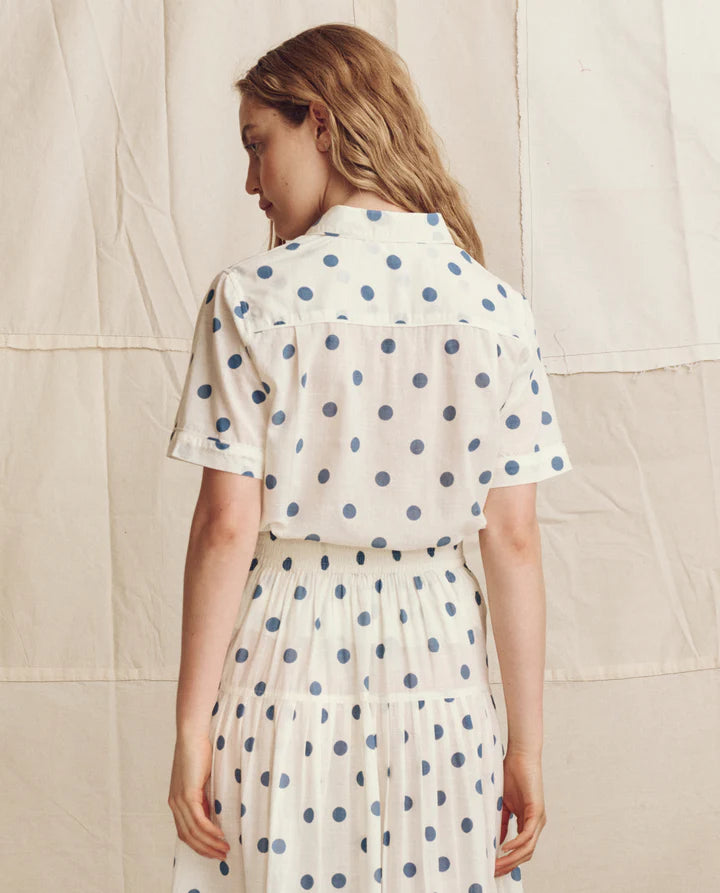 THE MESSENGER TOP - CREAM W/ BLUE POLKA DOTS
