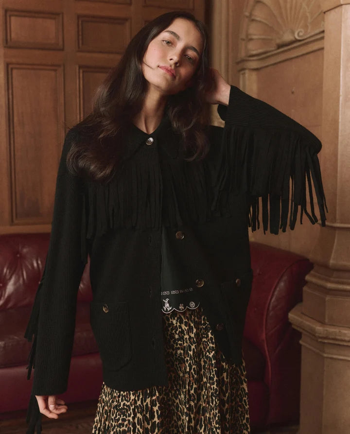 THE WESTERN FRINGE SWEATER JACKET - BLACK