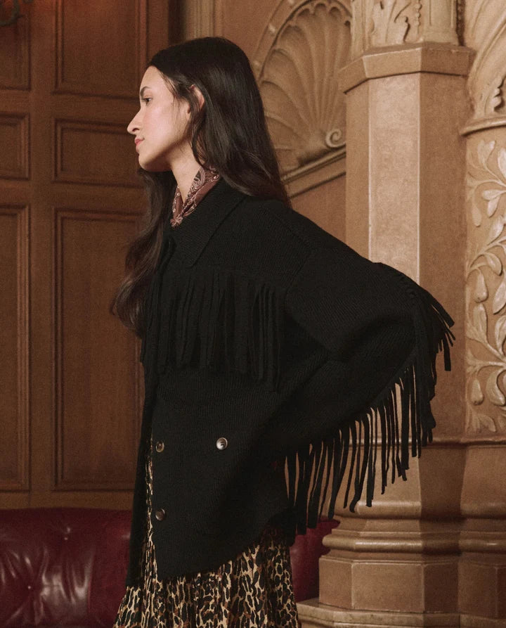 THE WESTERN FRINGE SWEATER JACKET - BLACK