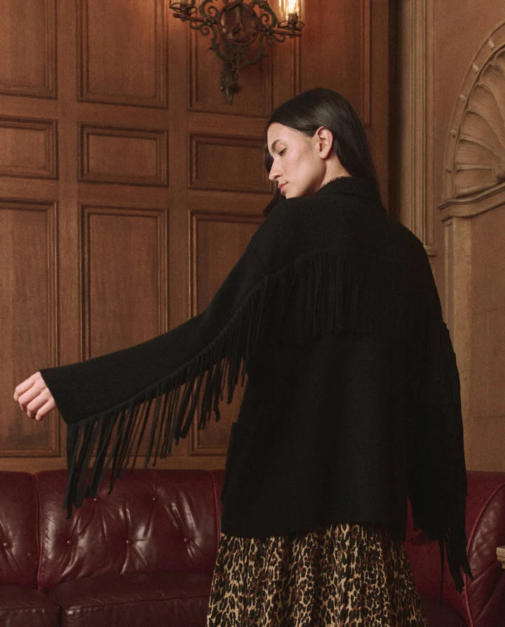 THE WESTERN FRINGE SWEATER JACKET - BLACK