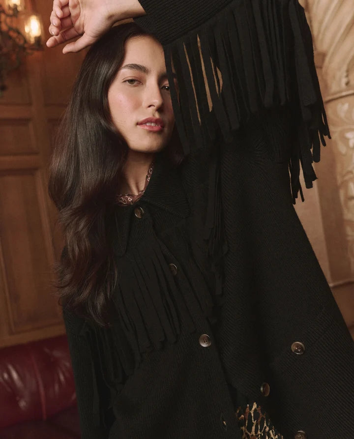 THE WESTERN FRINGE SWEATER JACKET - BLACK
