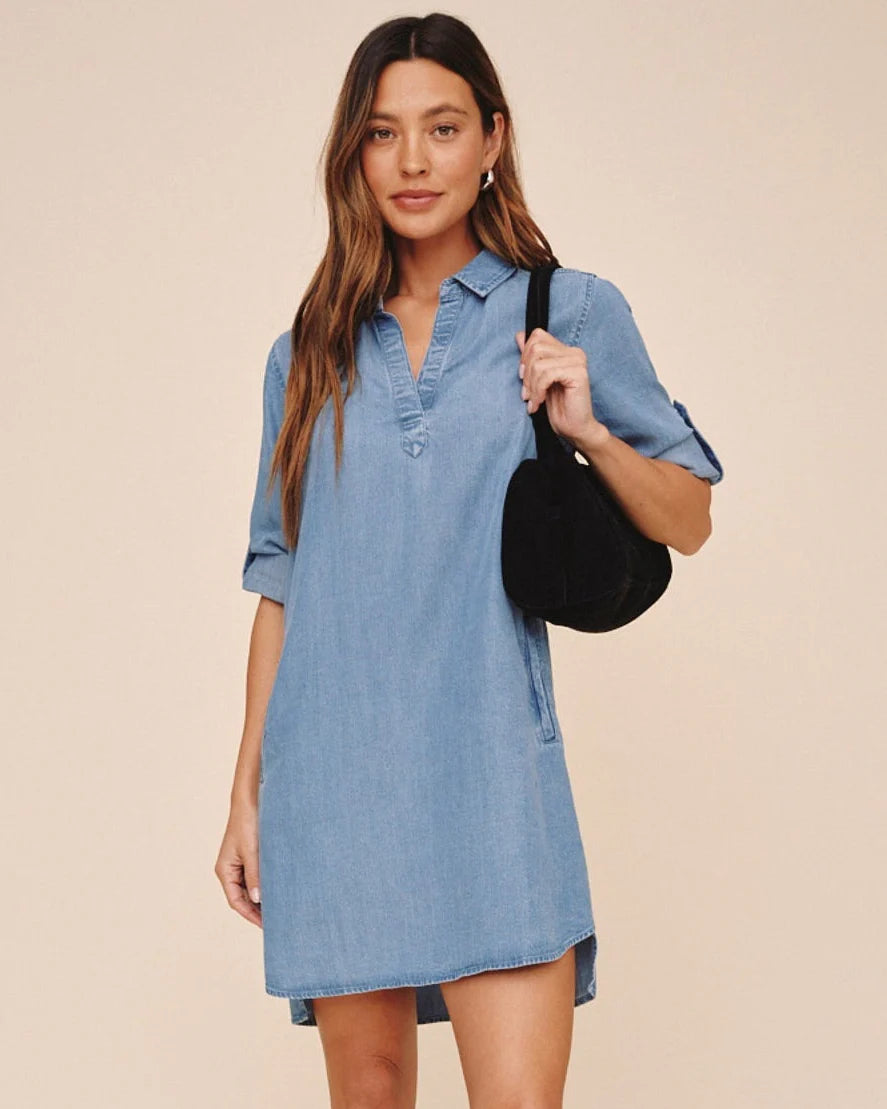 LONG SLEEVE A-LINE DRESS - INDIGO HARBOR WASH