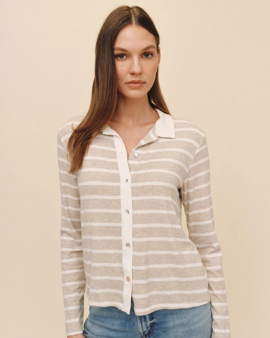 CONTRAST PLACKET BUTTON DOWN - SAND STRIPE