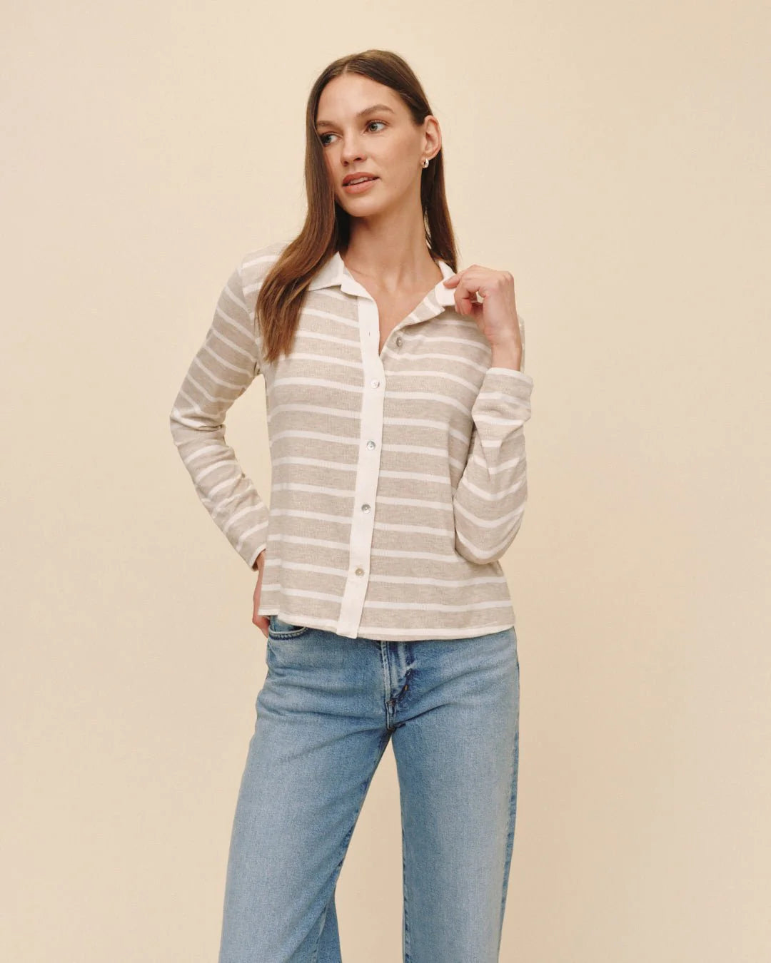 CONTRAST PLACKET BUTTON DOWN - SAND STRIPE