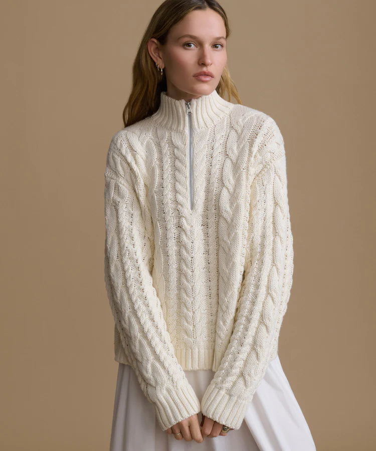 COTTON CABLE HALF ZIP - IVORY