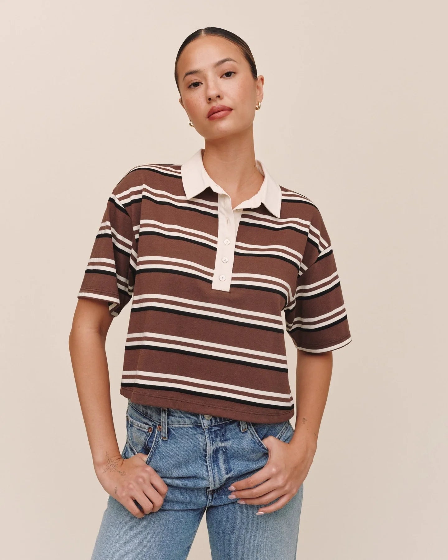 CROPPED POLO TEE - RUGBY STRIPE