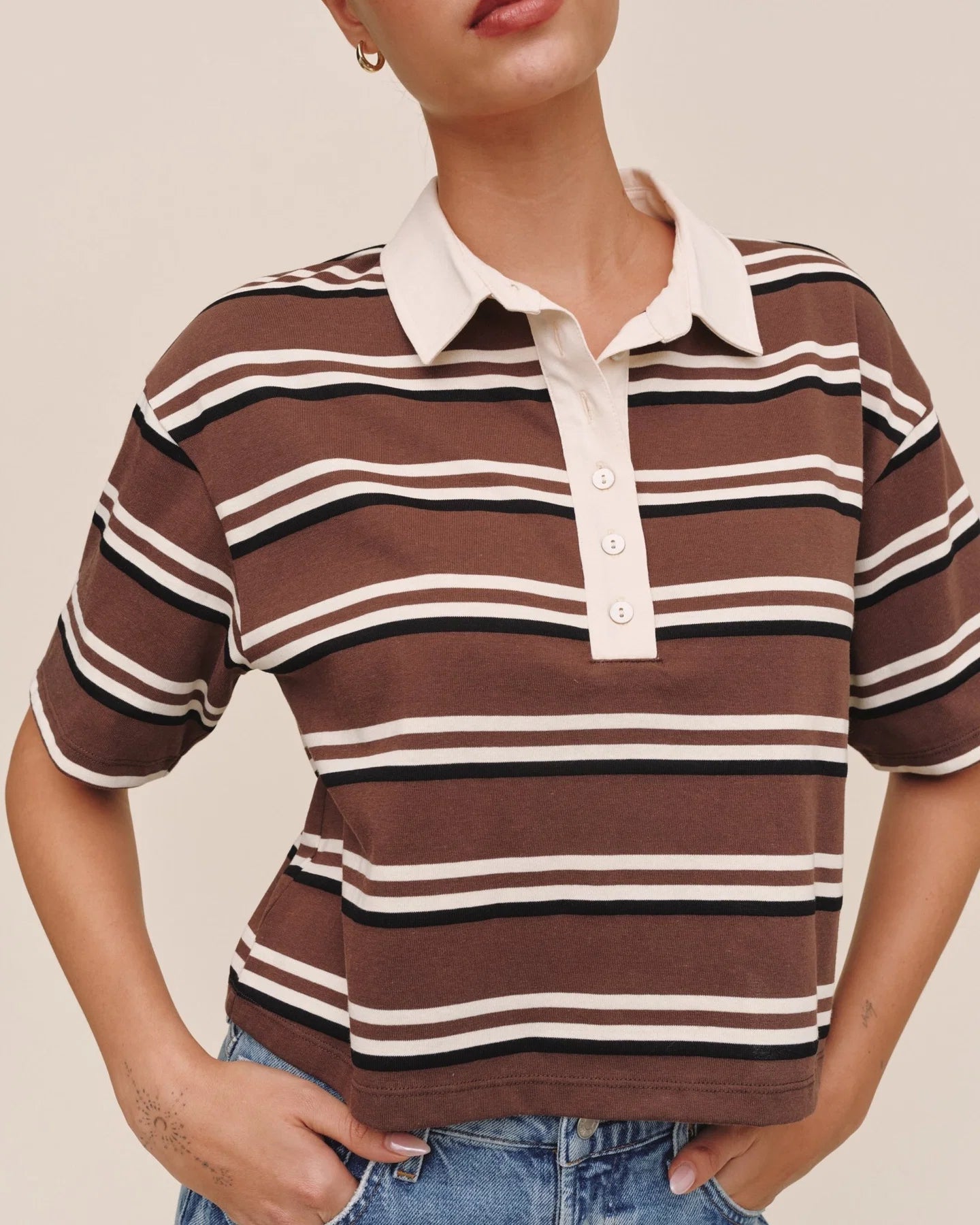 CROPPED POLO TEE - RUGBY STRIPE