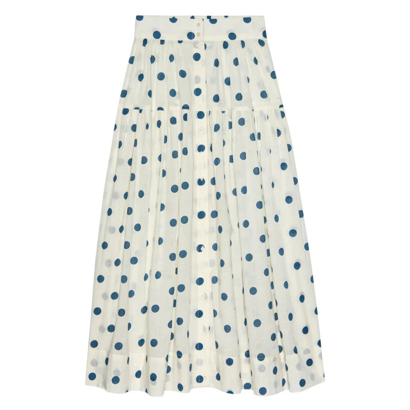 THE HIGHLAND SKIRT - CREAM W/ BLUE POLKA DOTS