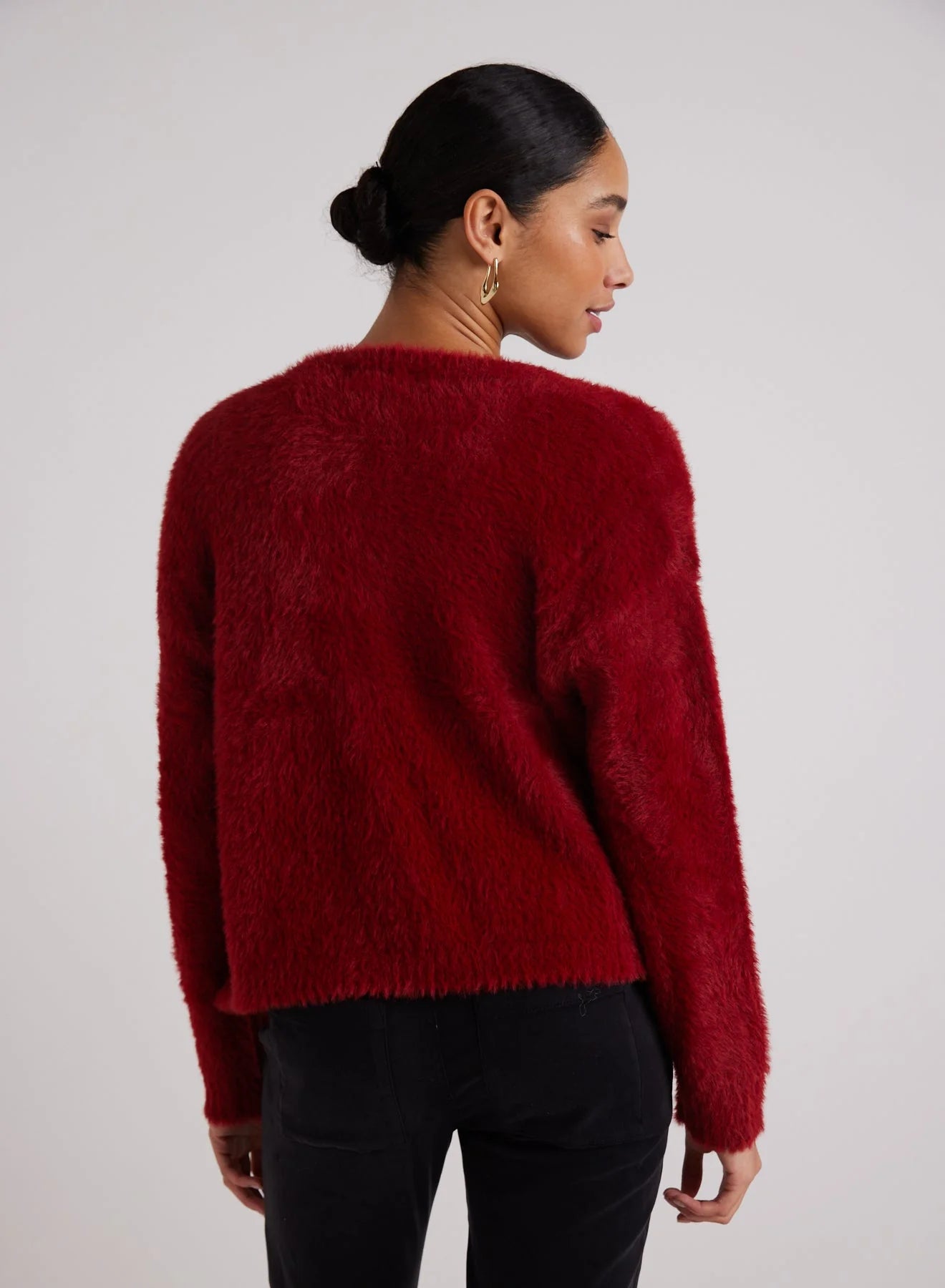 FUZZY CREW NECK CARDIGAN - RUBY RED