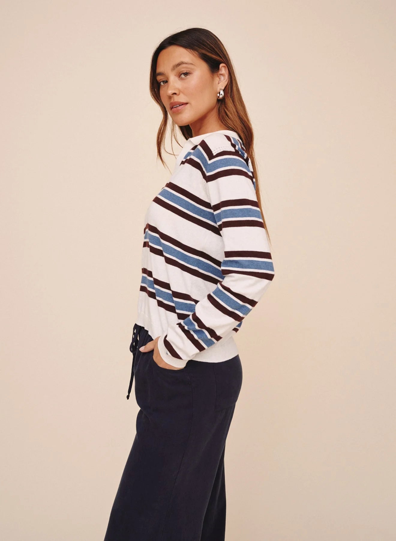LONG SLEEVE PLACKET PULLOVER - GARNET STRIPE