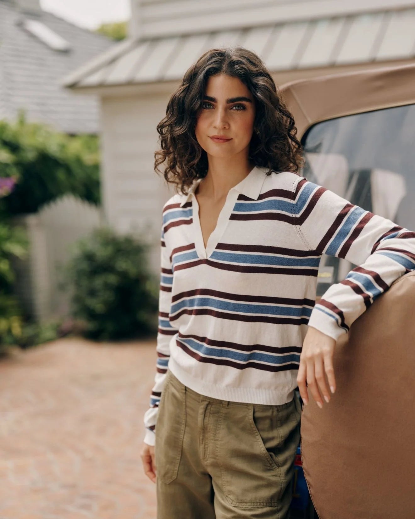 LONG SLEEVE PLACKET PULLOVER - GARNET STRIPE