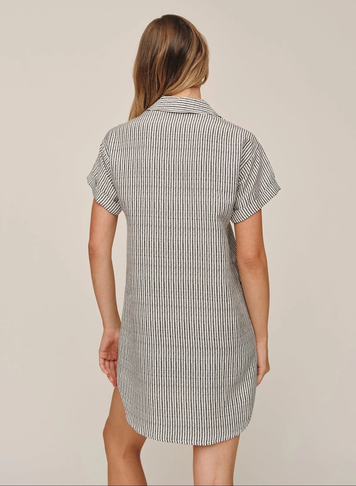 ROLL SLEEVE POCKET SHIRT DRESS - HATCH STRIPE