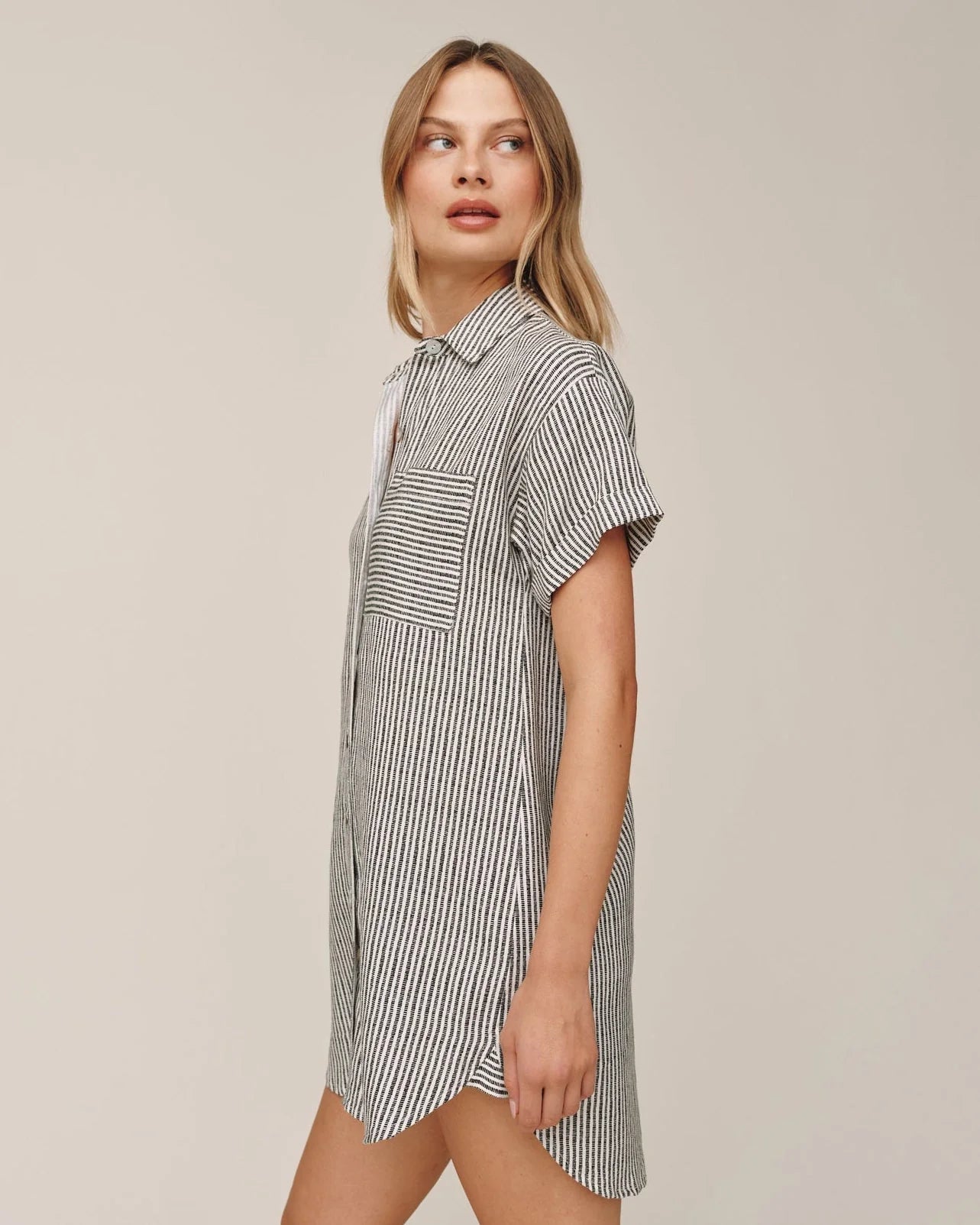 ROLL SLEEVE POCKET SHIRT DRESS - HATCH STRIPE