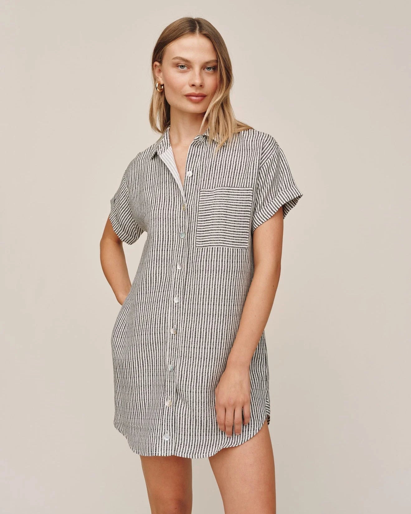 ROLL SLEEVE POCKET SHIRT DRESS - HATCH STRIPE