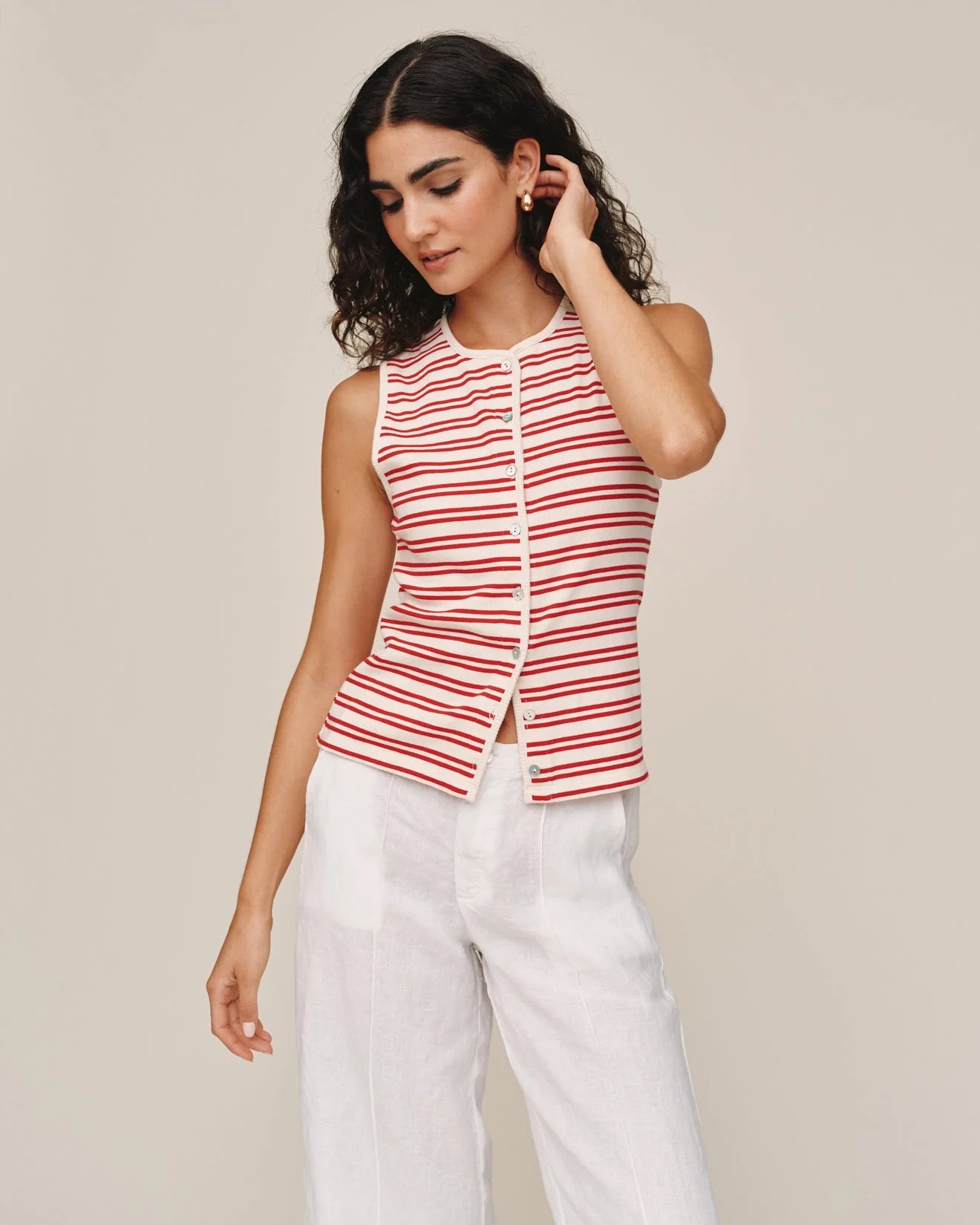 SLEEVELESS FITTED BUTTON DOWN TOP - SUNSET SAIL STRIPE