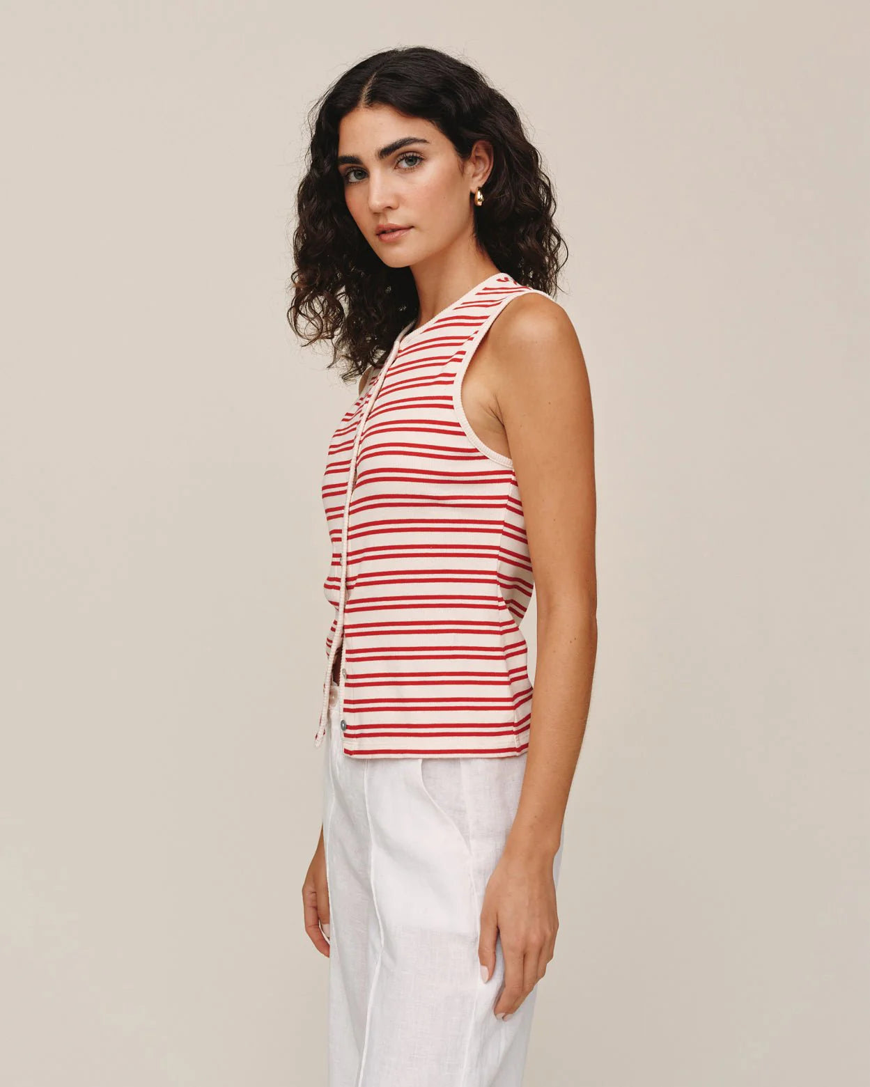 SLEEVELESS FITTED BUTTON DOWN TOP - SUNSET SAIL STRIPE