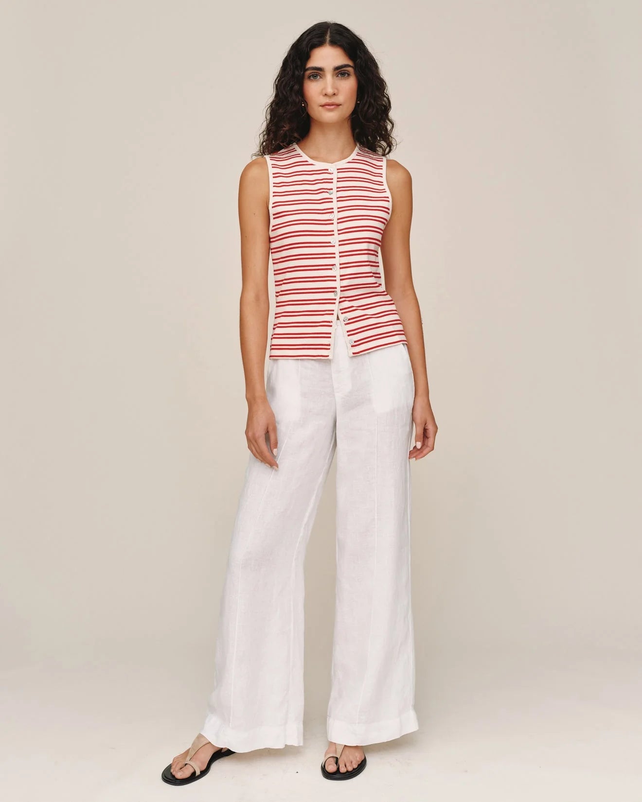 SLEEVELESS FITTED BUTTON DOWN TOP - SUNSET SAIL STRIPE