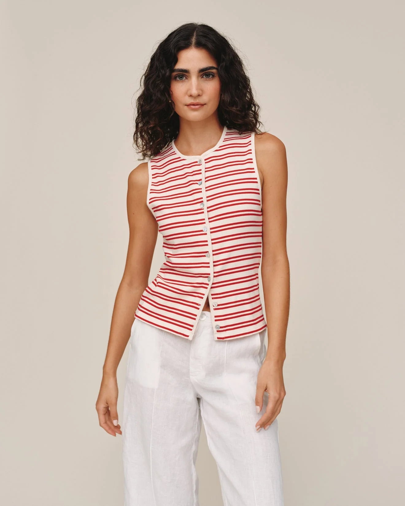 SLEEVELESS FITTED BUTTON DOWN TOP - SUNSET SAIL STRIPE
