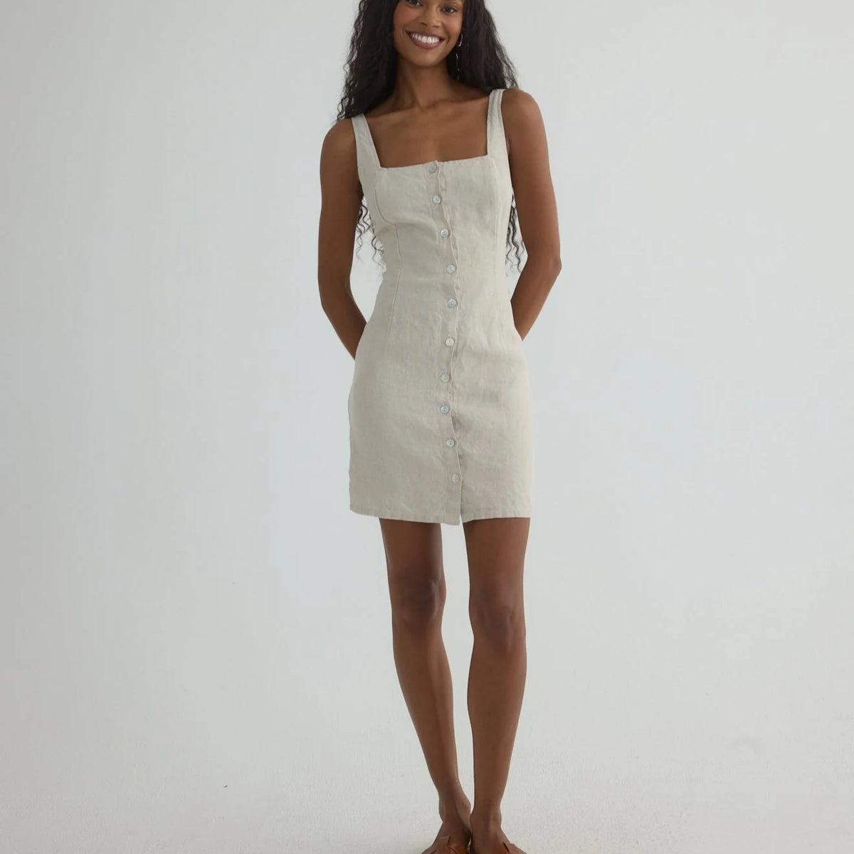 SQUARE NECK BUTTON FRONT MINI DRESS - LINEN SAND SQUARE NECK BUTTON FRONT MINI DRESS - LINEN SAND